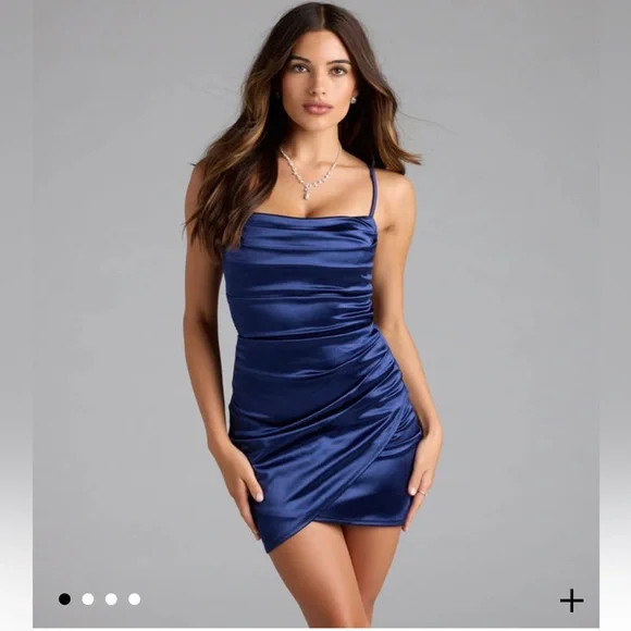 Windsor | Dresses | Windsor Bodycon Wrap Blue Satin Mini Dress Jill  Tiebackm Nwt | Poshmark